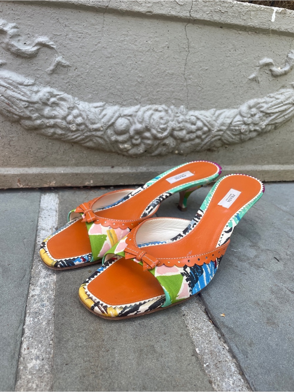 Prada Multicolor Floral Print Orange Kitten Heel Sandals